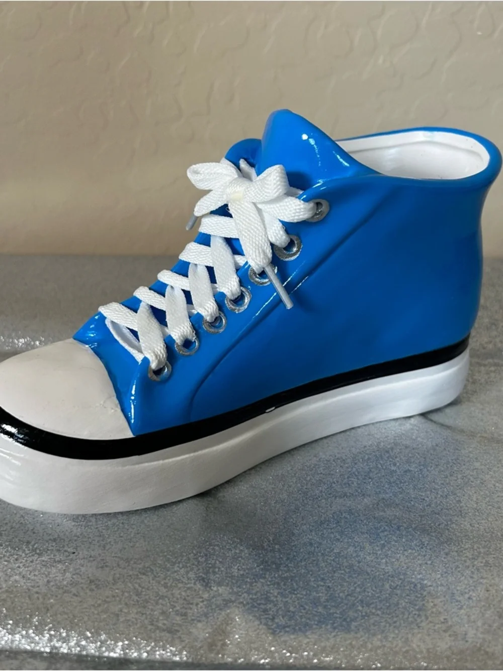 Decor! Ceramic Blue High-Top Sneaker w/ White Laces decoration vase fun room EUC - Picture 5 of 8